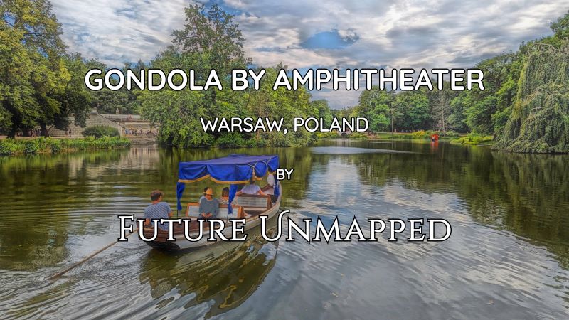 A blue-canopied, single-oared rowboat glides tourists by popular, open-air auditorium - in major city park-and-palace complex - on row across tranquil, tree-lined water.