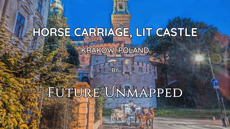 Horse-drawn carriage slowly turns corner - during late evening old town tourist ride - passing brightly-lit, symbolic, fortified architectural complex.