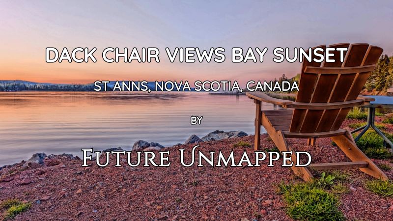 Lone adirondack chair by reflective, serene water - with hazy skyline above world-famous tourist trail - witnesses final moments of sun setting behind distant hills.